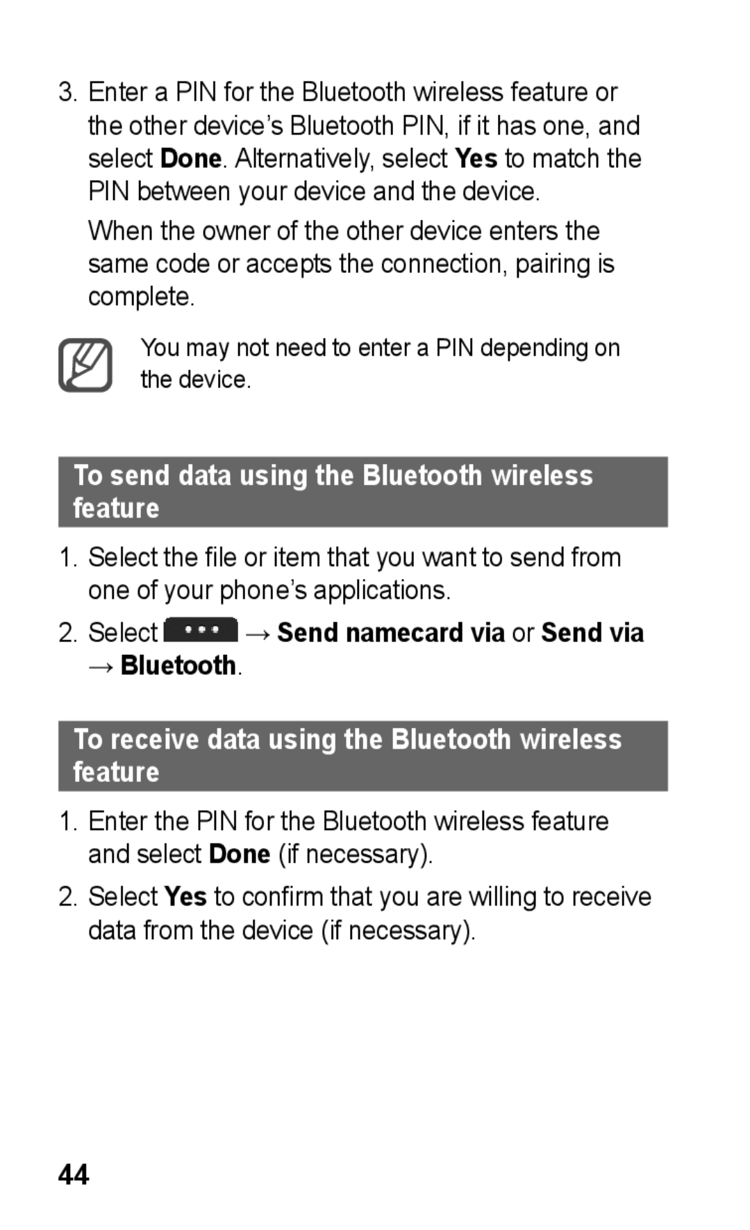 Samsung GT-S5263OKSJED, GT-S5263OKAJED, GT-S5263OKATUN, GT-S5263OKAXSG To send data using the Bluetooth wireless feature 