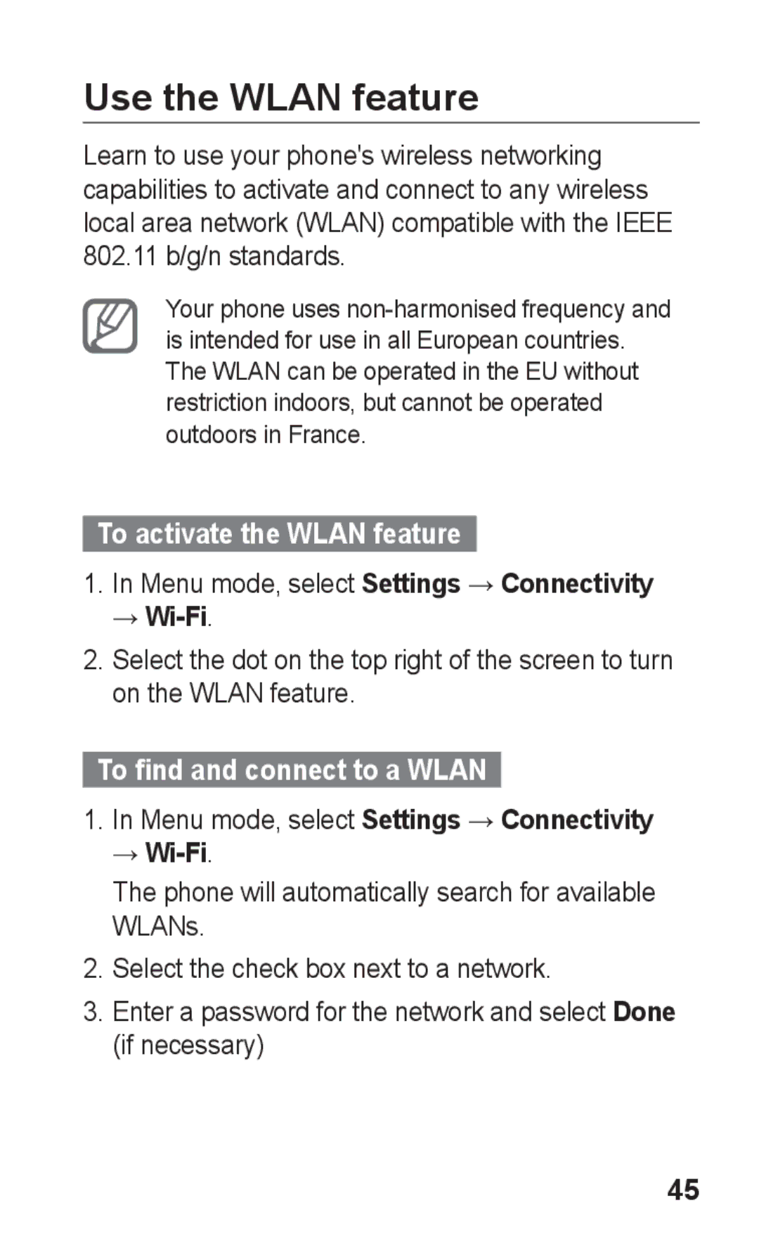 Samsung GT-S5263RWATMC, GT-S5263OKAJED manual Use the Wlan feature, 802.11 b/g/n standards, To activate the Wlan feature 