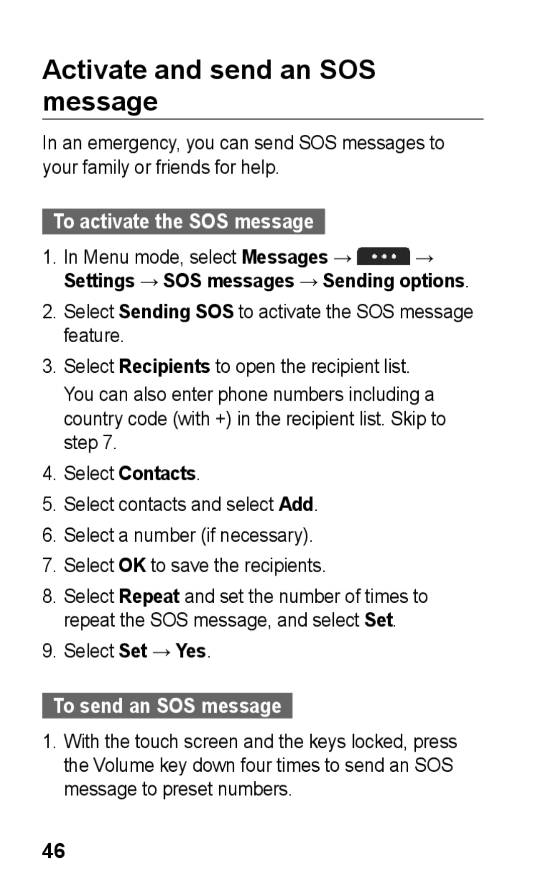 Samsung GT-S5263RWAAFR manual Activate and send an SOS message, To activate the SOS message, To send an SOS message 