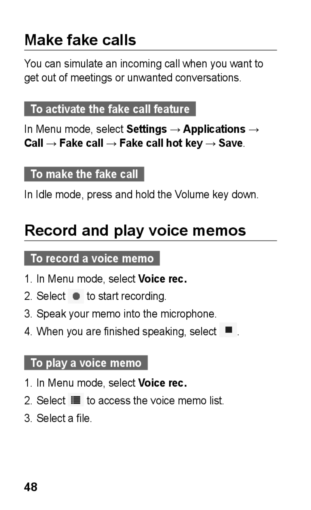 Samsung GT-S5263OKABTC, GT-S5263OKAJED, GT-S5263OKATUN, GT-S5263OKAXSG manual Make fake calls, Record and play voice memos 