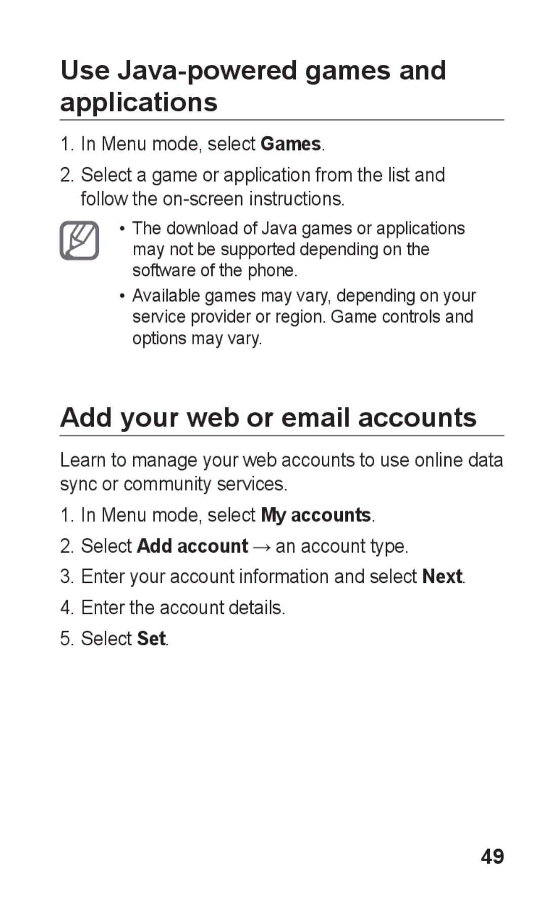 Samsung GT-S5263RWAMMC Use Java-powered games and applications, Add your web or email accounts, Menu mode, select Games 