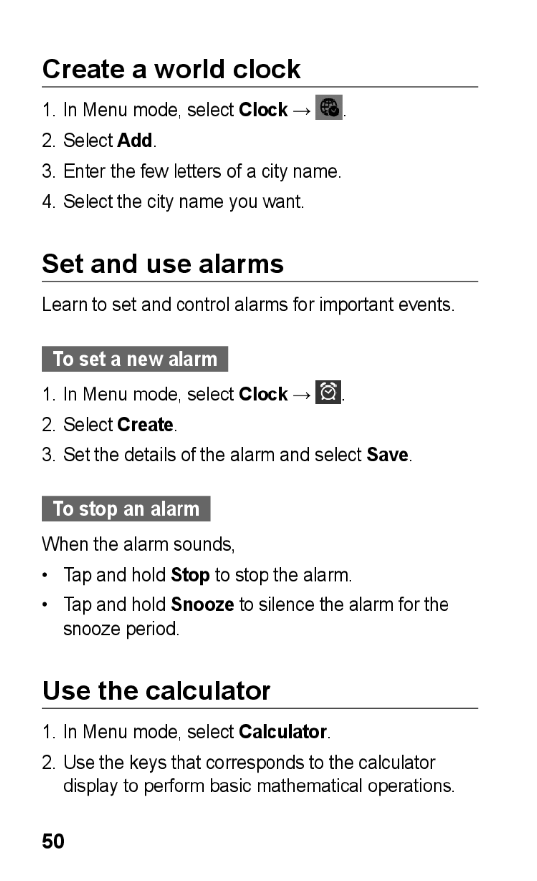 Samsung GT-S5263RWATHR Create a world clock, Set and use alarms, Use the calculator, To set a new alarm, To stop an alarm 