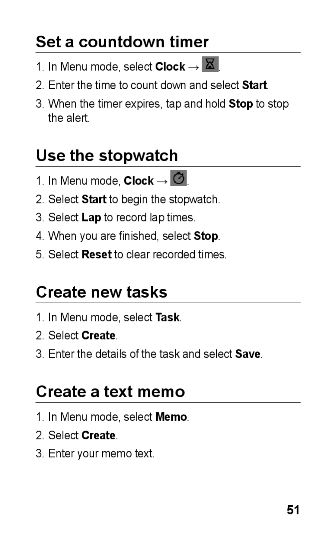 Samsung GT-S5263RWAXSG, GT-S5263OKAJED manual Set a countdown timer, Use the stopwatch, Create new tasks, Create a text memo 