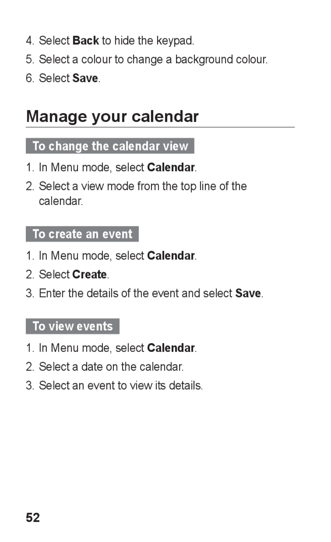 Samsung GT-S5263RWSJED manual Manage your calendar, To change the calendar view, To create an event, To view events 