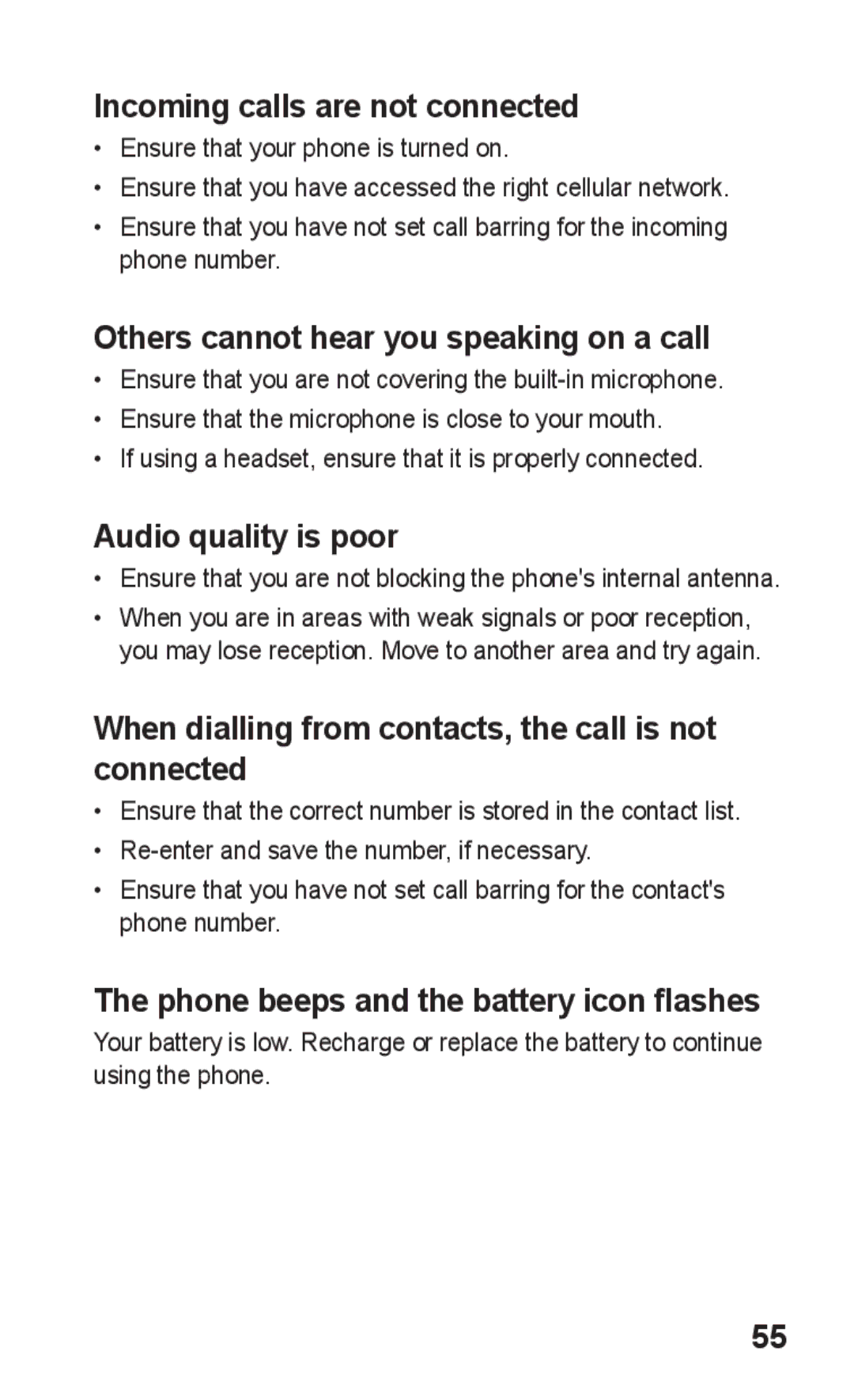 Samsung GT-S5263OKAMID Incoming calls are not connected, Others cannot hear you speaking on a call, Audio quality is poor 