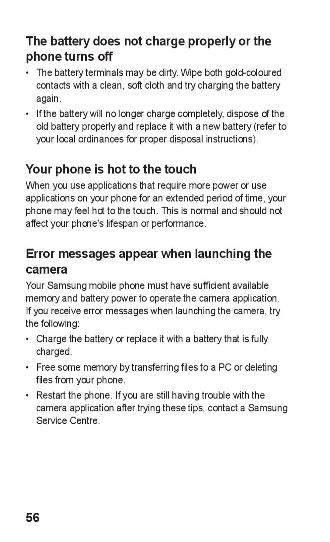 Samsung GT-S5263OKATHR manual Battery does not charge properly or the phone turns off, Your phone is hot to the touch 