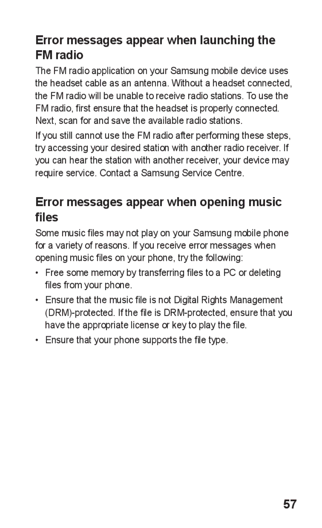 Samsung GT-S5263RWAABS Error messages appear when launching the FM radio, Error messages appear when opening music files 