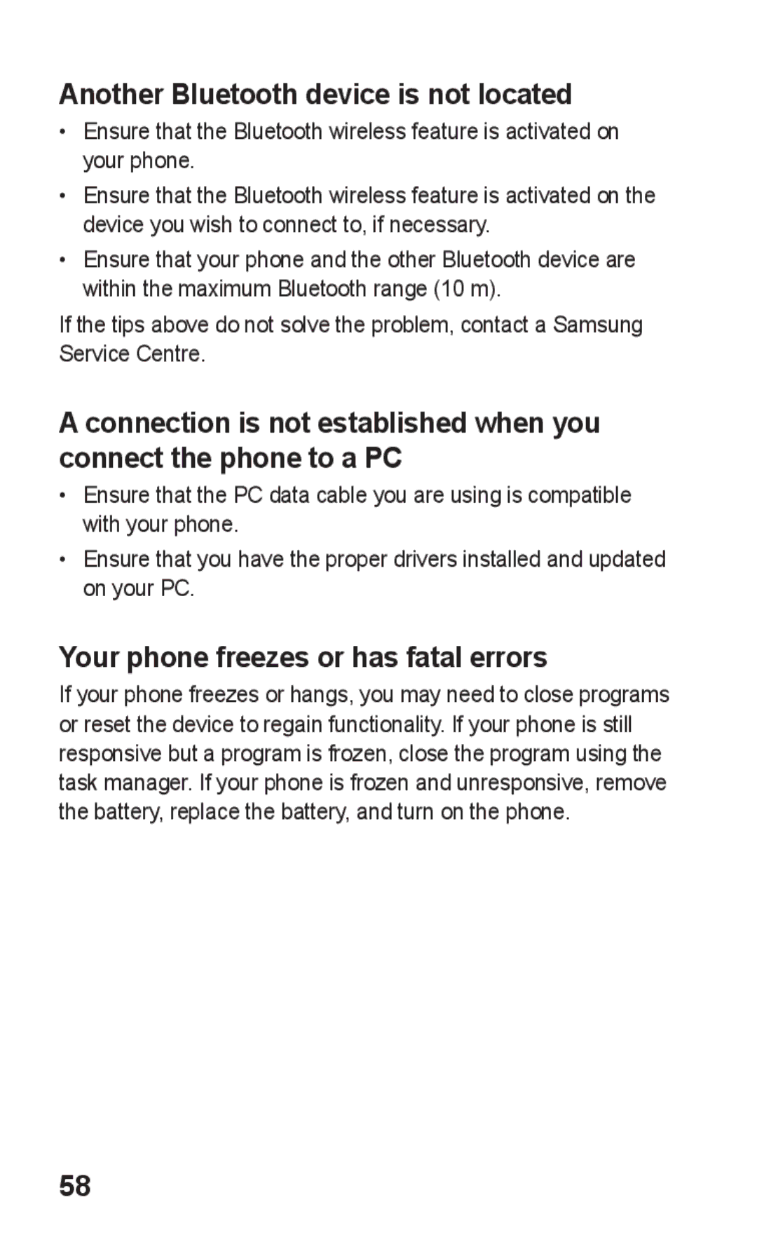 Samsung GT-S5263RWAPAK, GT-S5263OKAJED Another Bluetooth device is not located, Your phone freezes or has fatal errors 