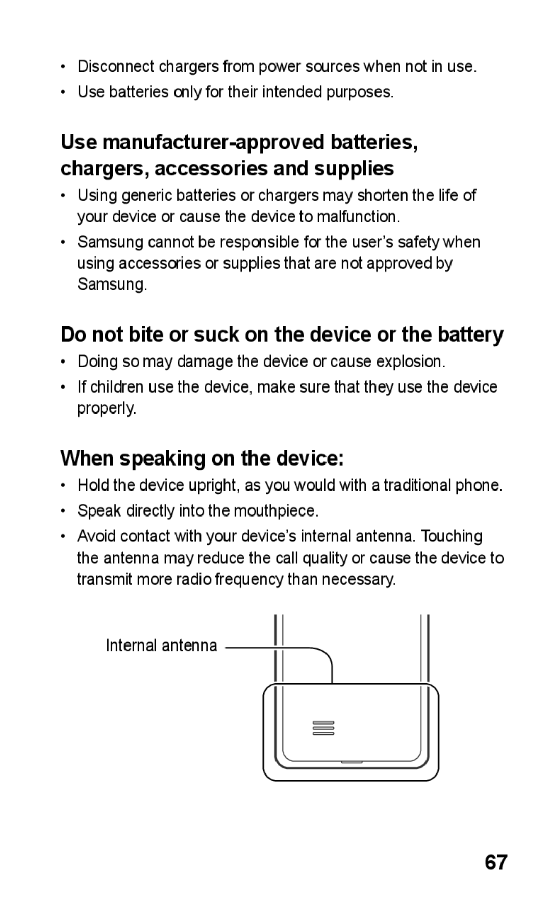 Samsung GT-S5263RWAJED, GT-S5263OKAJED manual Do not bite or suck on the device or the battery, When speaking on the device 