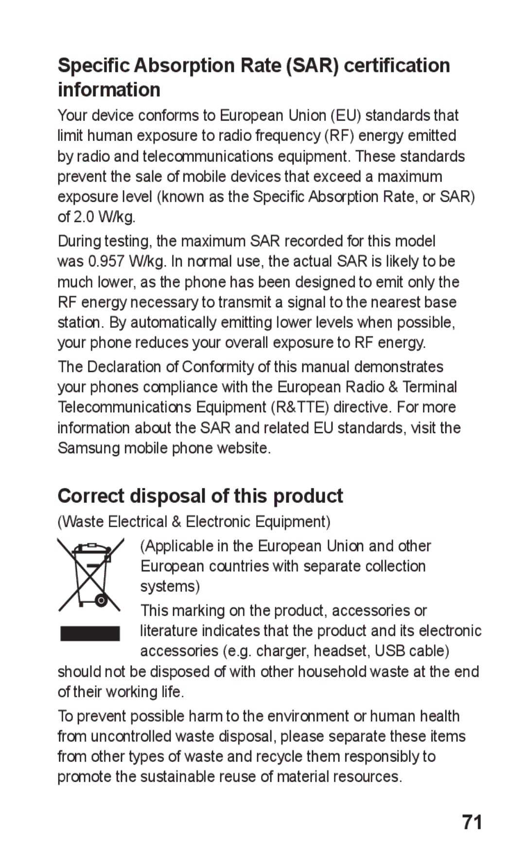 Samsung GT-S5263RWABTC manual Specific Absorption Rate SAR certification information, Correct disposal of this product 