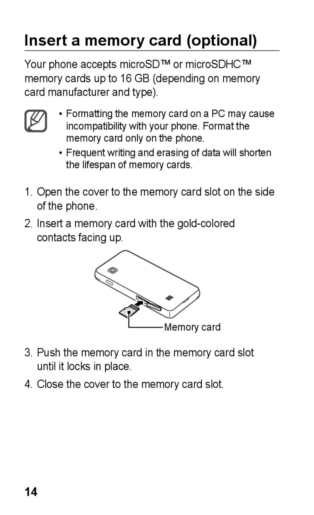 Samsung GT-S5263RWAAFR, GT-S5263OKAJED, GT-S5263OKATUN, GT-S5263OKAXSG, GT-S5263OKSKSA manual Insert a memory card optional 