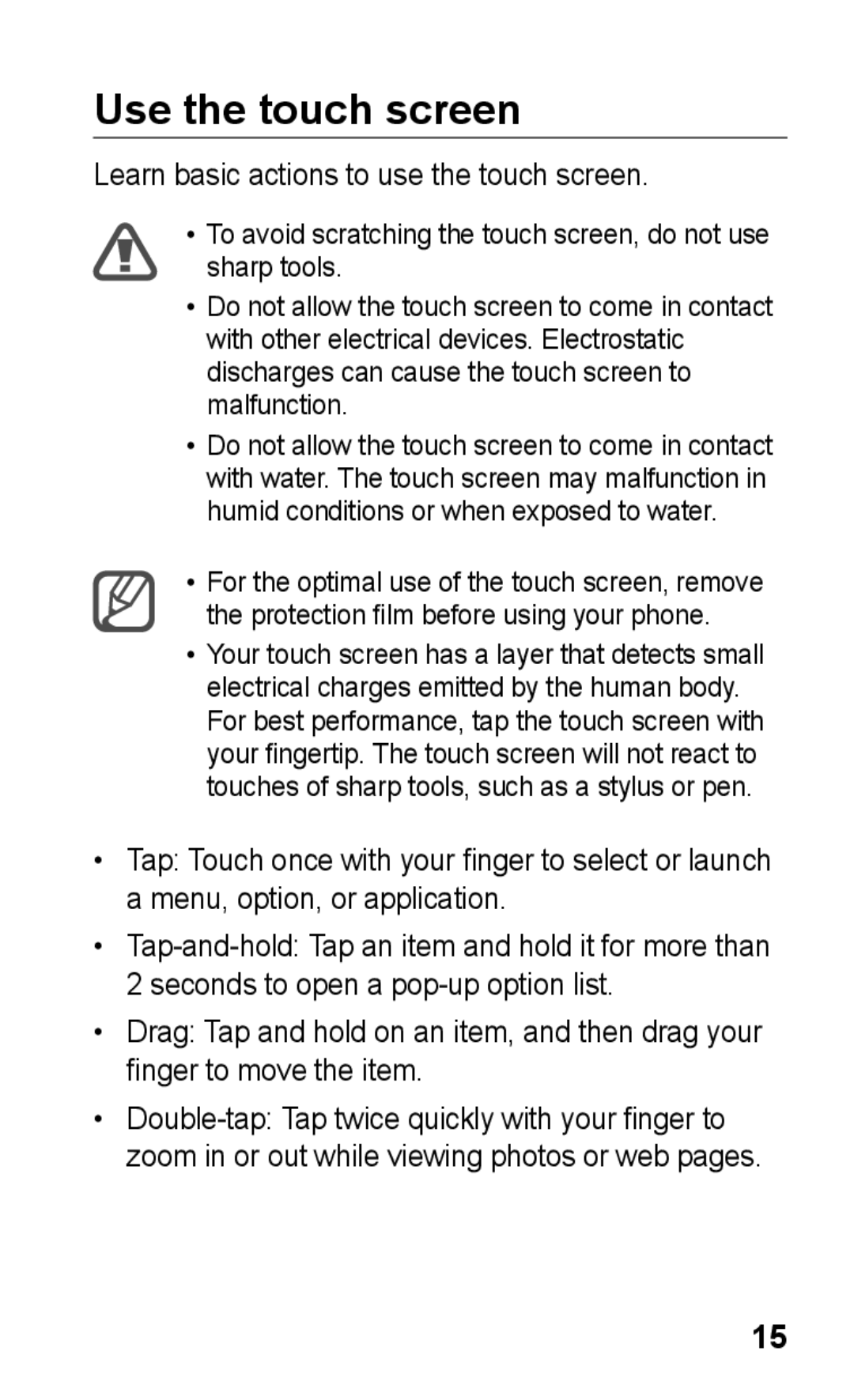 Samsung GT-S5263RWAEGY, GT-S5263OKAJED, GT-S5263OKATUN Use the touch screen, Learn basic actions to use the touch screen 