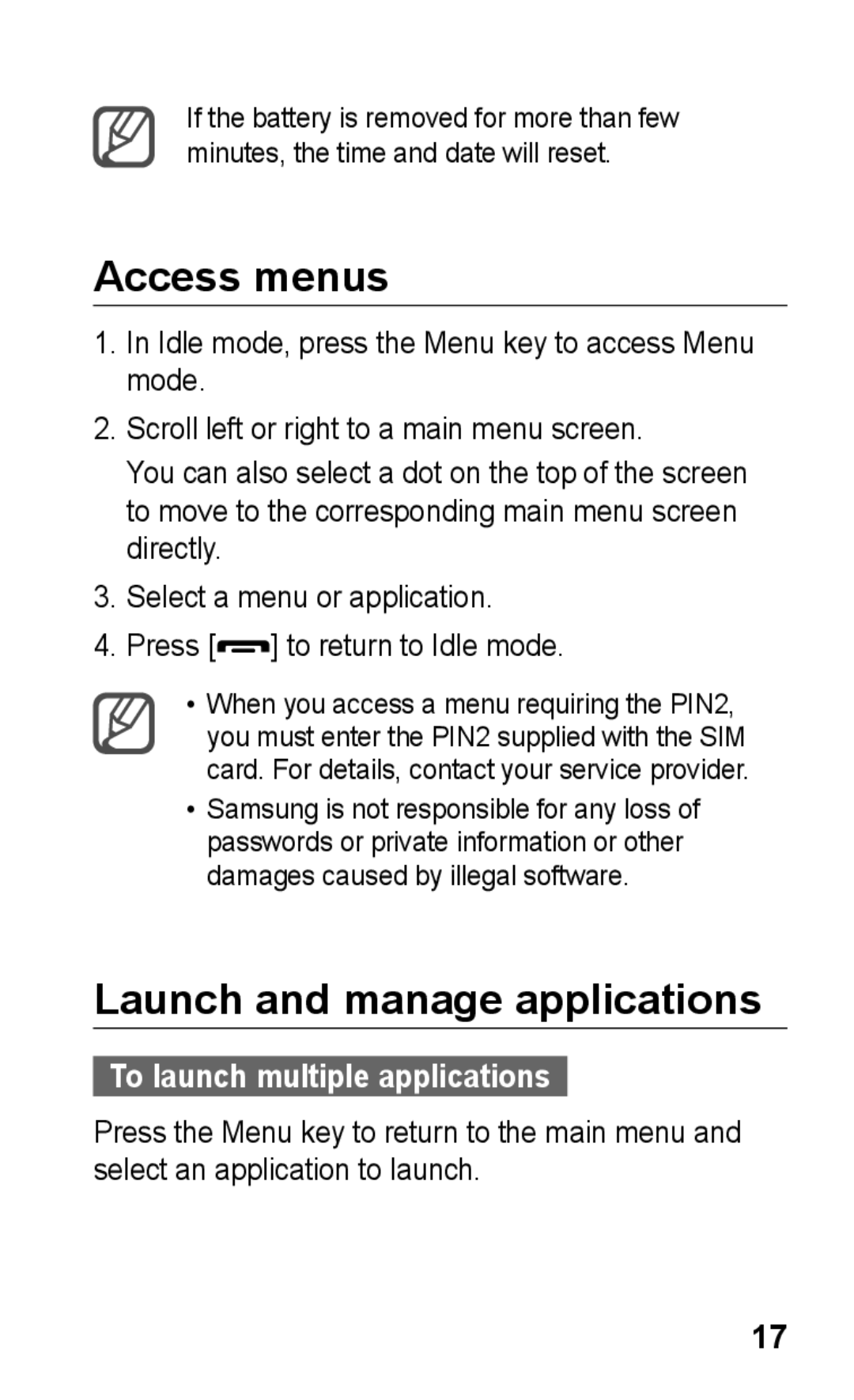 Samsung GT-S5263RWAMMC, GT-S5263OKAJED manual Access menus, Launch and manage applications, To launch multiple applications 