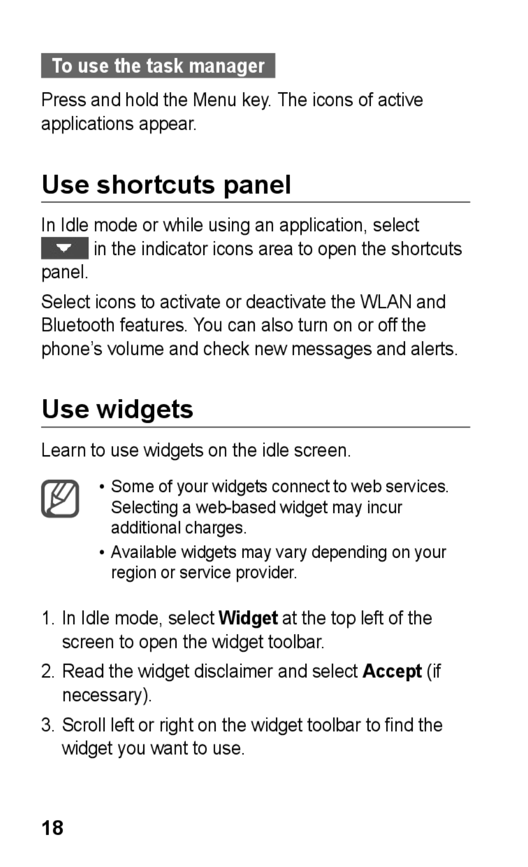 Samsung GT-S5263RWATHR Use shortcuts panel, Use widgets, To use the task manager, Learn to use widgets on the idle screen 