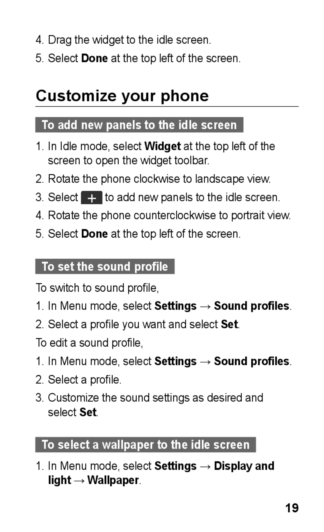 Samsung GT-S5263RWAXSG manual Customize your phone, To add new panels to the idle screen, To set the sound profile 