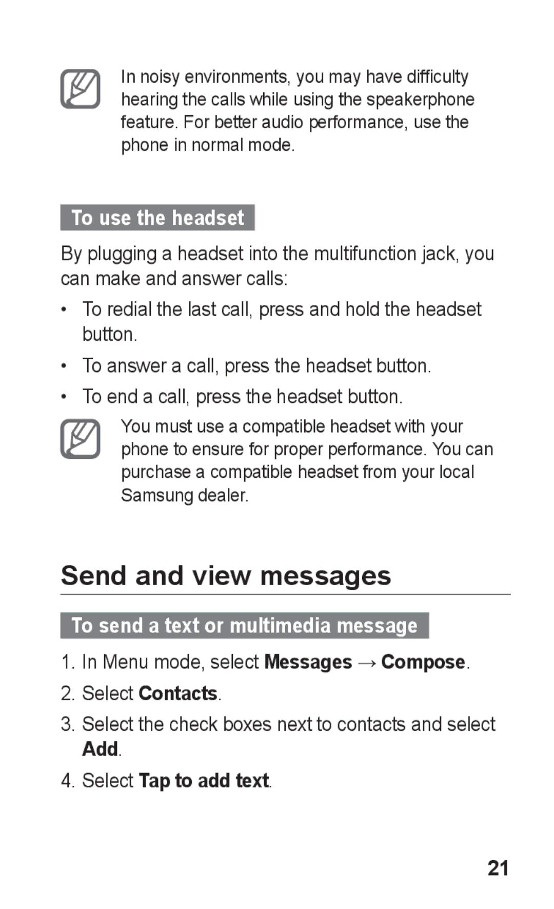 Samsung GT-S5263RWSKSA, GT-S5263OKAJED Send and view messages, To use the headset, To send a text or multimedia message 