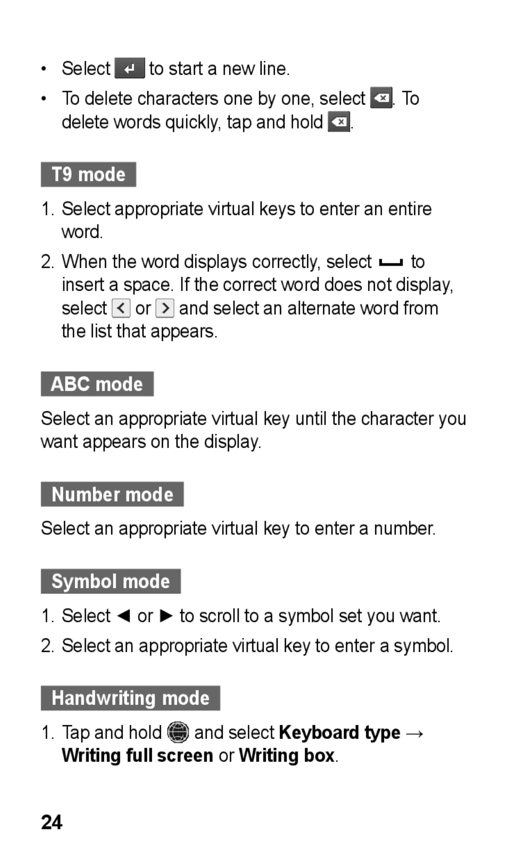 Samsung GT-S5263OKATHR, GT-S5263OKAJED, GT-S5263OKATUN manual T9 mode, ABC mode, Number mode, Symbol mode, Handwriting mode 