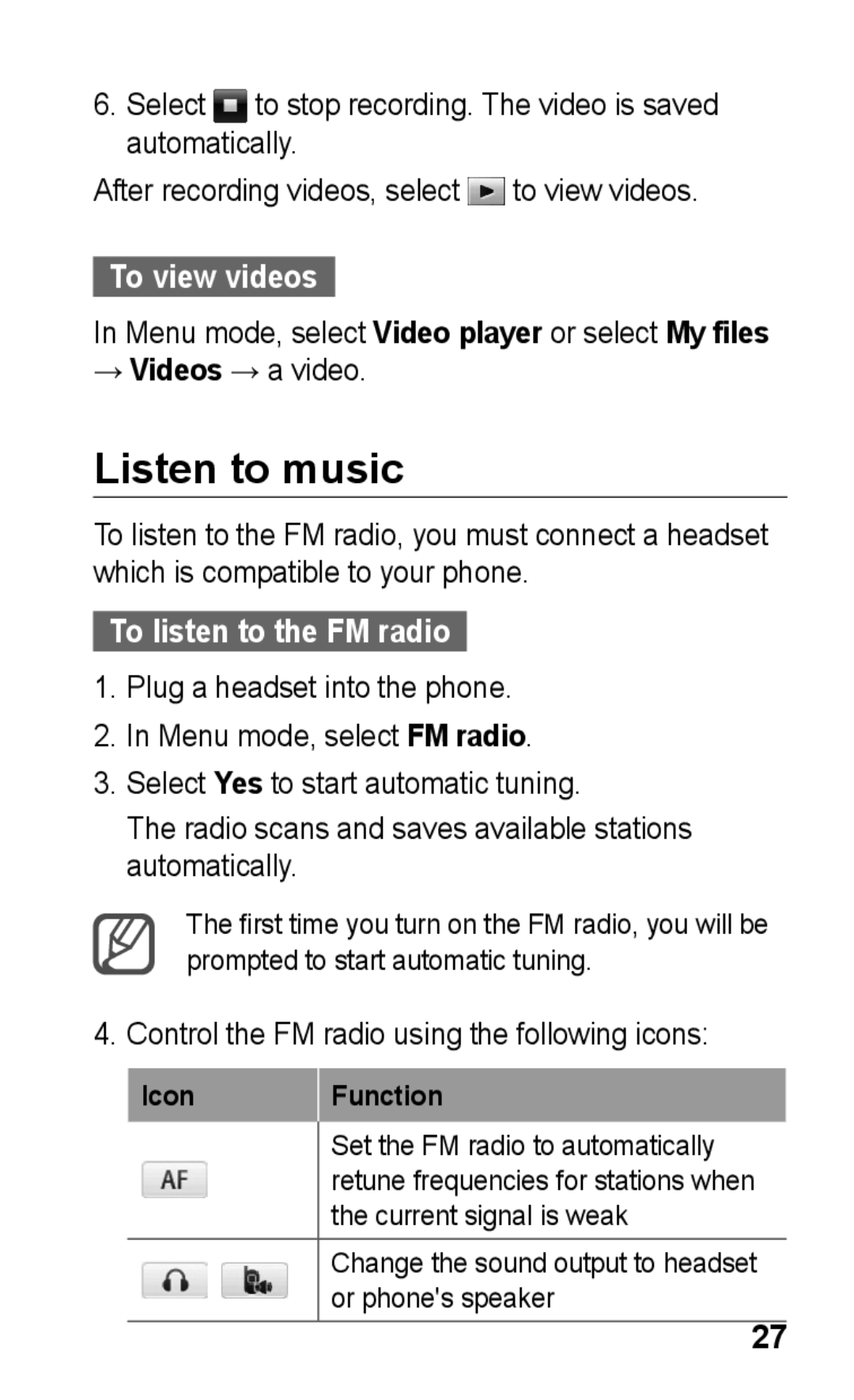 Samsung GT-S5263OKAPAK, GT-S5263OKAJED, GT-S5263OKATUN manual Listen to music, To view videos, To listen to the FM radio 