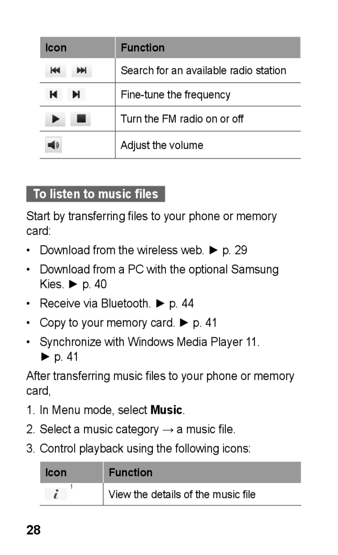 Samsung GT-S5263RWAMID, GT-S5263OKAJED, GT-S5263OKATUN, GT-S5263OKAXSG, GT-S5263OKSKSA manual To listen to music files 