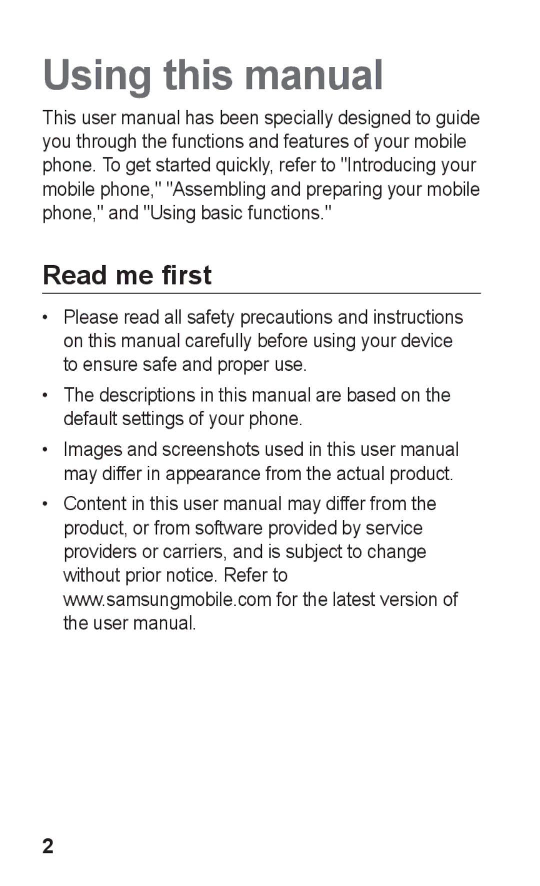 Samsung GT-S5263OKSKSA, GT-S5263OKAJED, GT-S5263OKATUN, GT-S5263OKAXSG, GT-S5263RWAJED Using this manual, Read me first 