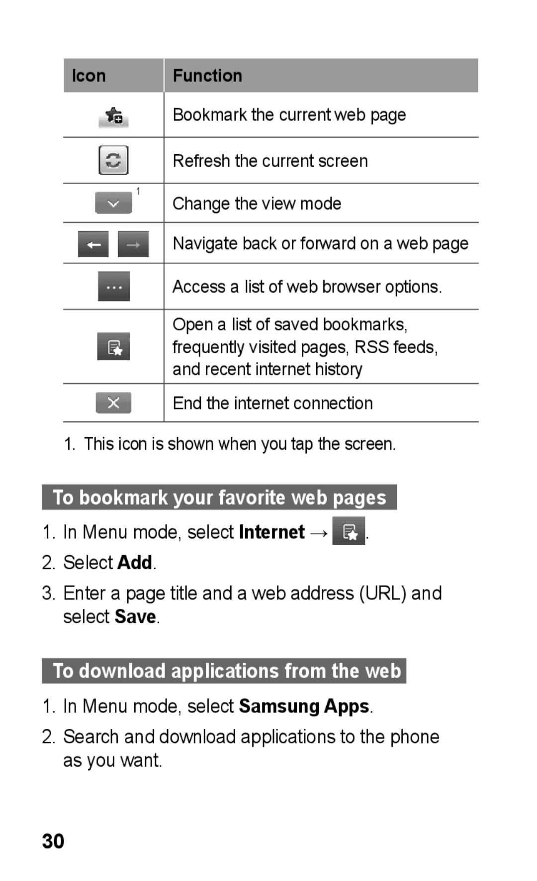 Samsung GT-S5263RWAXXV, GT-S5263OKAJED manual To bookmark your favorite web pages, To download applications from the web  