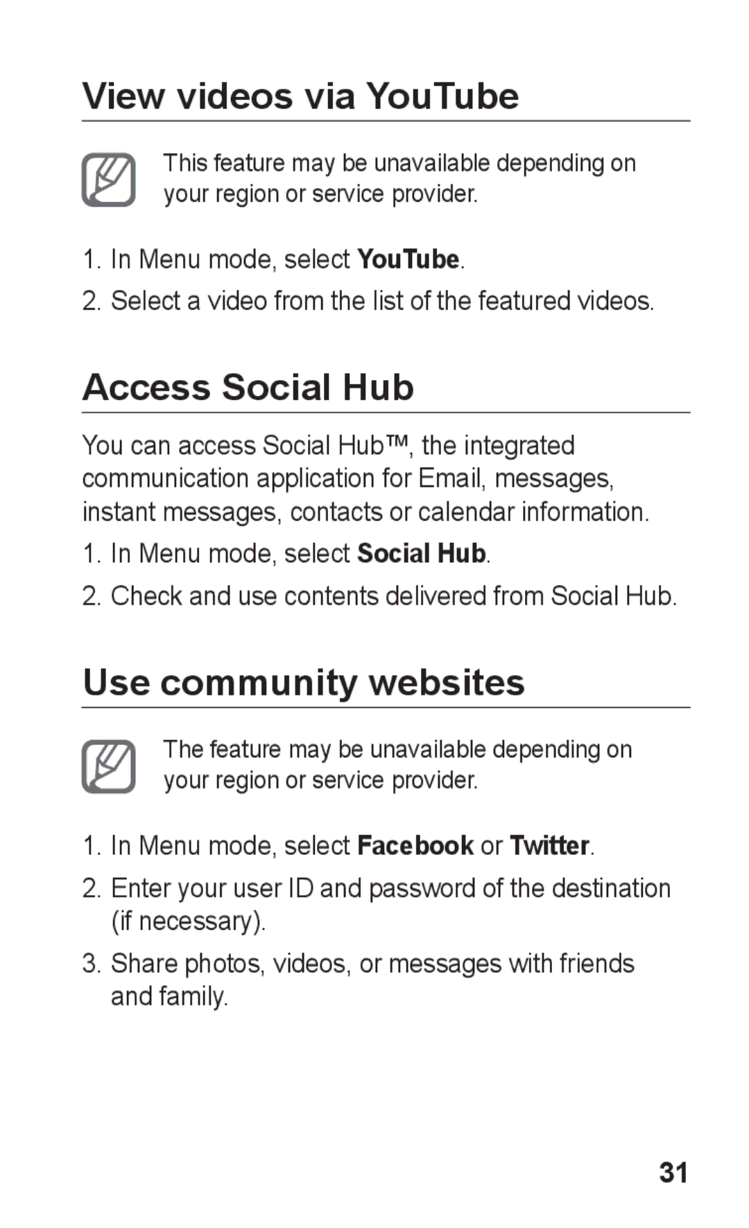 Samsung GT-S5263OKAJED manual View videos via YouTube, Access Social Hub, Use community websites, Menu mode, select YouTube 