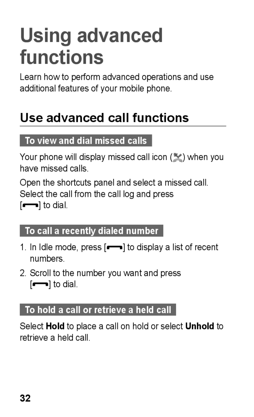 Samsung GT-S5263OKATUN, GT-S5263OKAJED, GT-S5263OKAXSG Use advanced call functions, To view and dial missed calls, To dial 