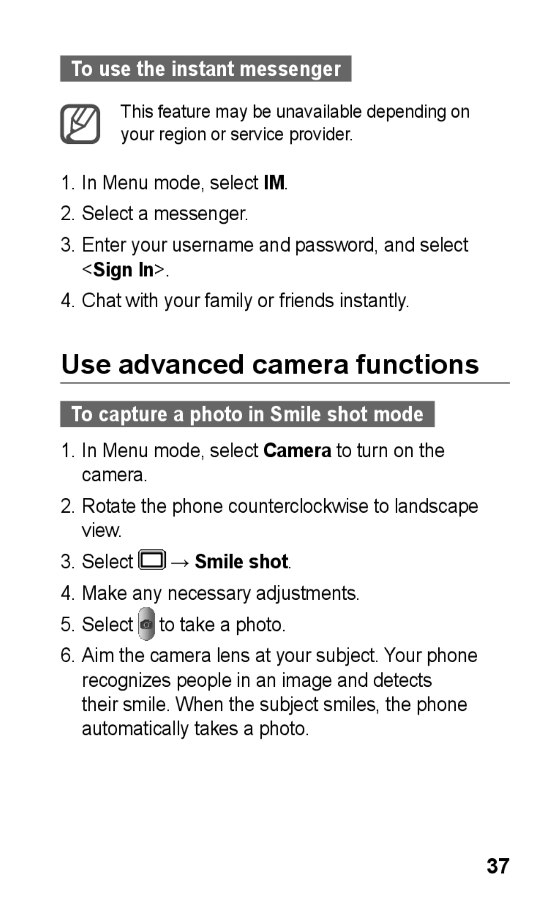 Samsung GT-S5263RWAKSA Use advanced camera functions, To use the instant messenger, To capture a photo in Smile shot mode 