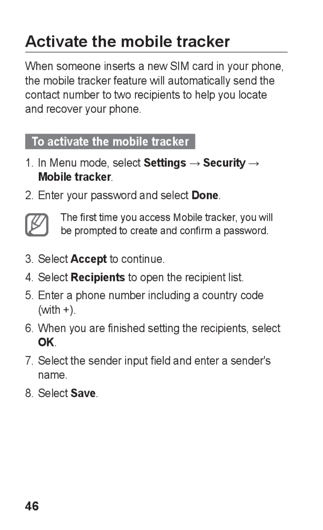 Samsung GT-S5263RWAAFR Activate the mobile tracker, To activate the mobile tracker, Enter your password and select Done 