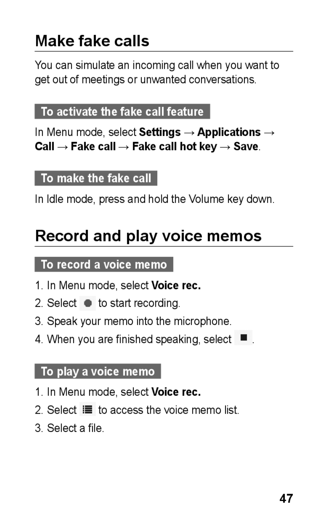 Samsung GT-S5263RWAEGY, GT-S5263OKAJED, GT-S5263OKATUN, GT-S5263OKAXSG manual Make fake calls, Record and play voice memos 