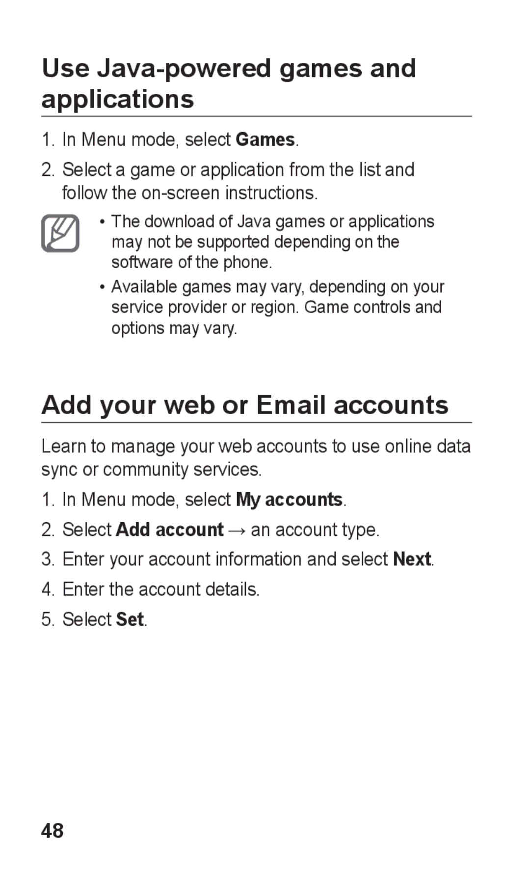 Samsung GT-S5263OKABTC Use Java-powered games and applications, Add your web or Email accounts, Menu mode, select Games 