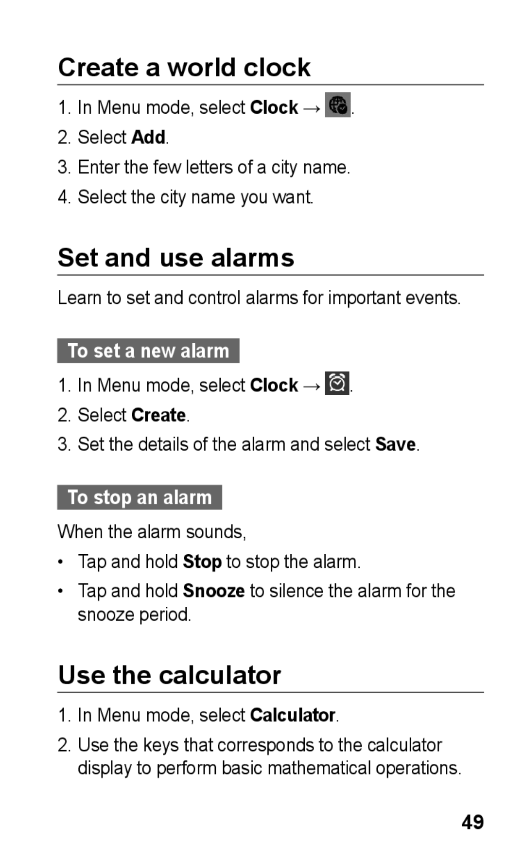 Samsung GT-S5263RWAMMC Create a world clock, Set and use alarms, Use the calculator, To set a new alarm, To stop an alarm 