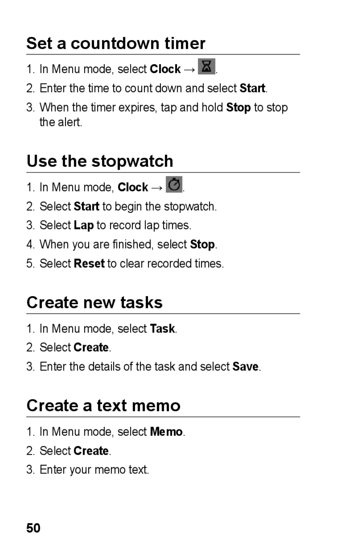 Samsung GT-S5263RWATHR, GT-S5263OKAJED manual Set a countdown timer, Use the stopwatch, Create new tasks, Create a text memo 