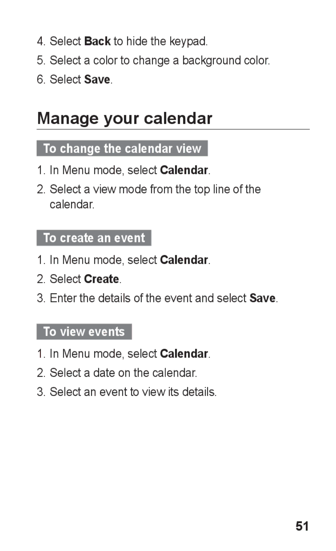 Samsung GT-S5263RWAXSG manual Manage your calendar, To change the calendar view, To create an event, To view events 