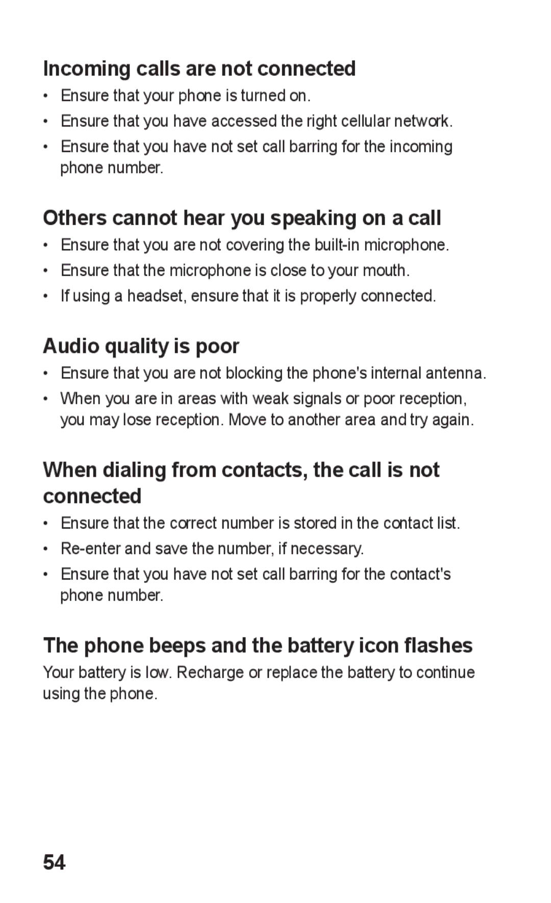 Samsung GT-S5263OKAEGY Incoming calls are not connected, Others cannot hear you speaking on a call, Audio quality is poor 