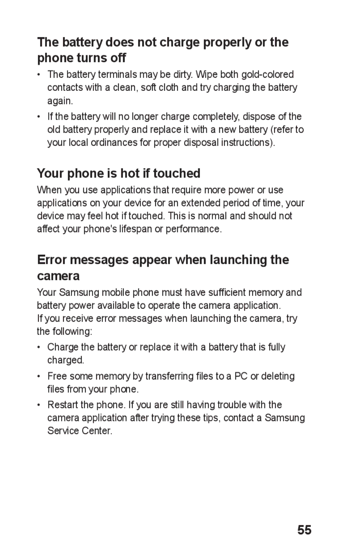 Samsung GT-S5263OKAMID manual Battery does not charge properly or the phone turns off, Your phone is hot if touched 