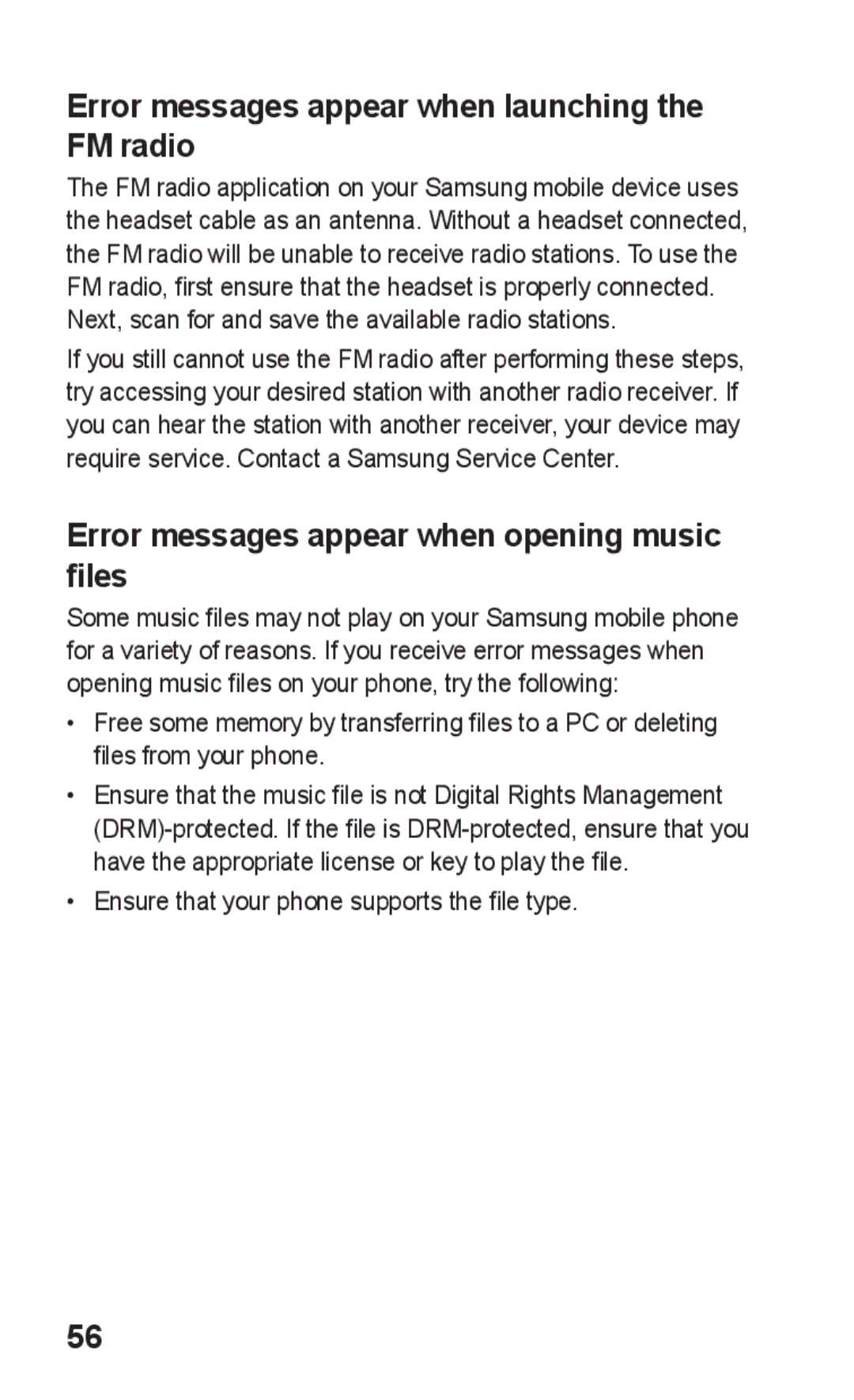 Samsung GT-S5263OKATHR Error messages appear when launching the FM radio, Error messages appear when opening music files 