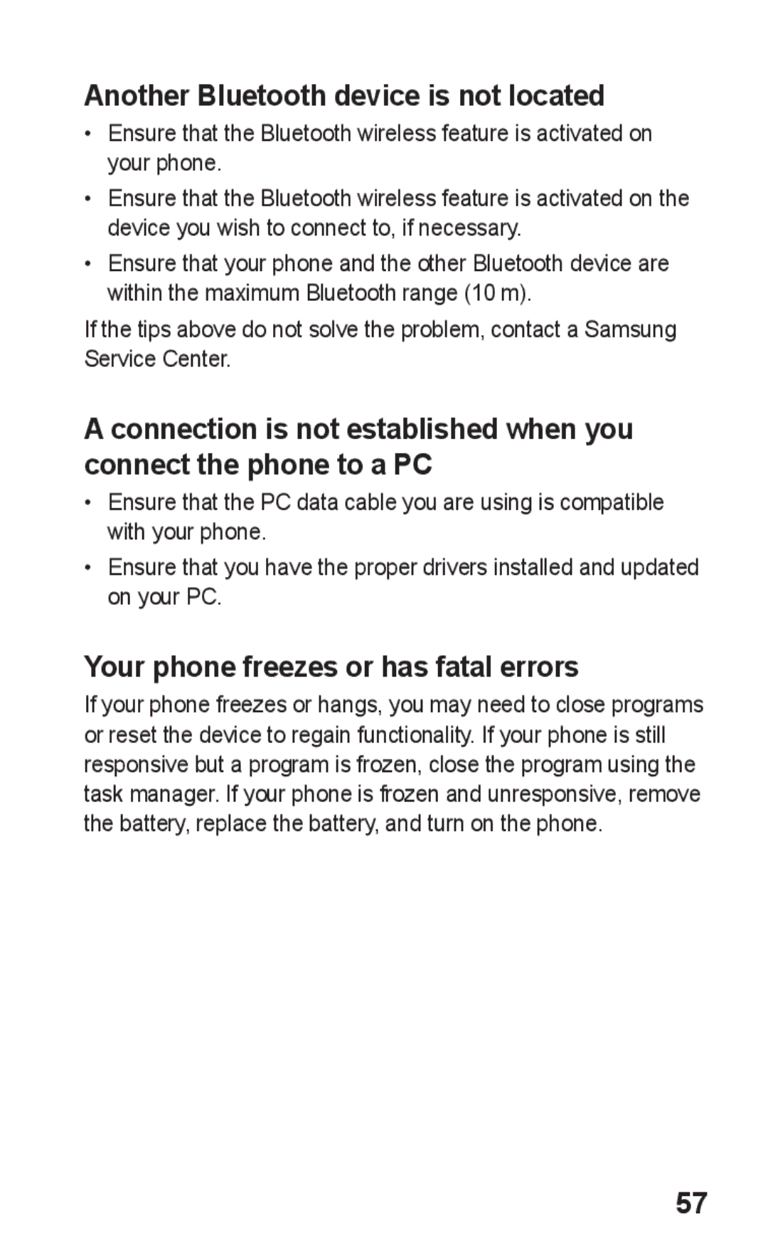 Samsung GT-S5263RWAABS, GT-S5263OKAJED Another Bluetooth device is not located, Your phone freezes or has fatal errors 