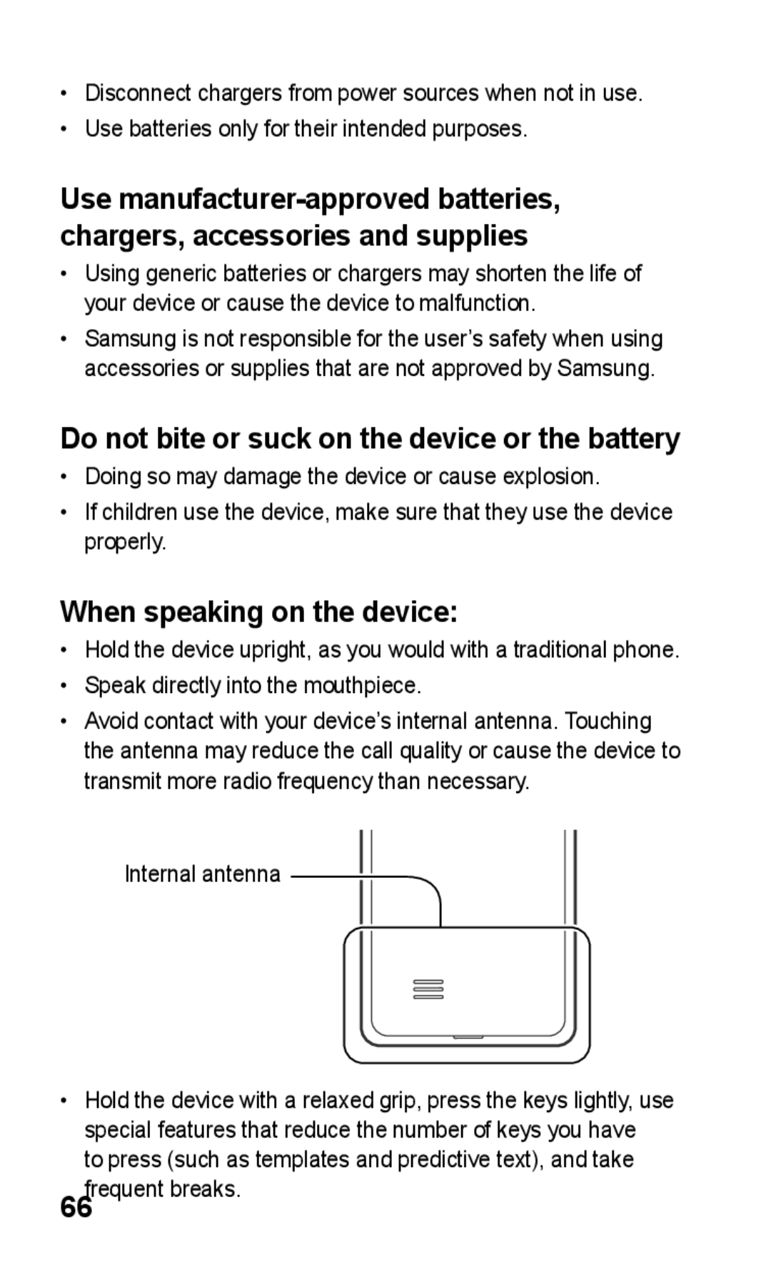 Samsung GT-S5263OKSKSA, GT-S5263OKAJED manual Do not bite or suck on the device or the battery, When speaking on the device 