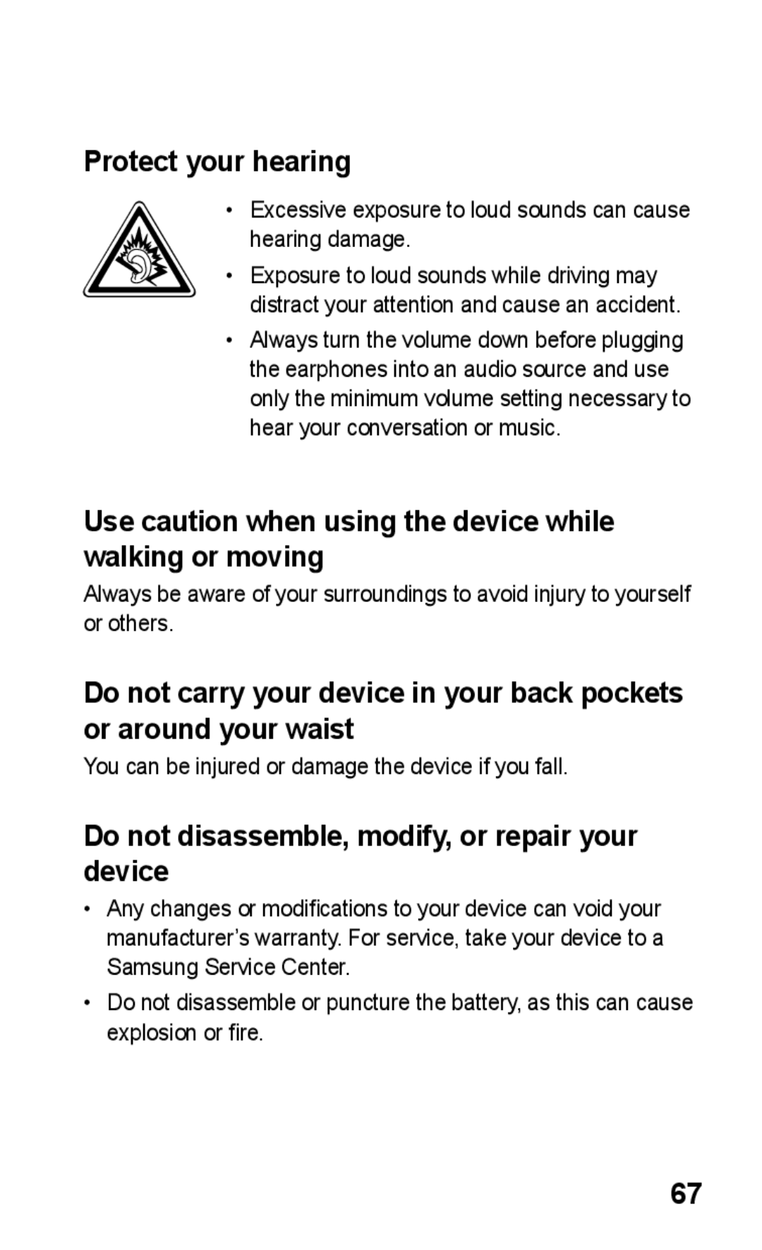 Samsung GT-S5263RWAJED, GT-S5263OKAJED Protect your hearing, Use caution when using the device while walking or moving 