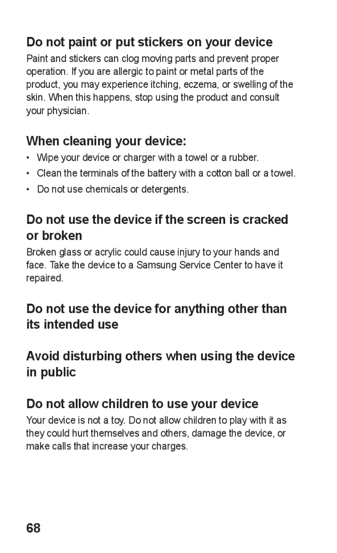 Samsung GT-S5263OKAMMC, GT-S5263OKAJED manual Do not paint or put stickers on your device, When cleaning your device 