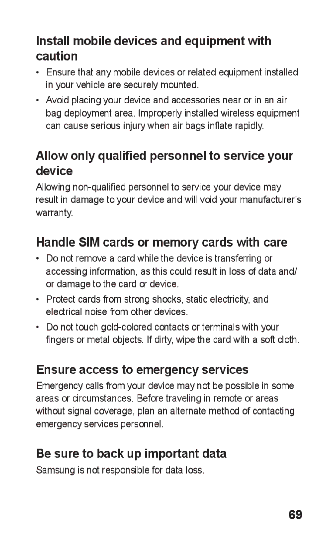 Samsung GT-S5263RWAKSA manual Install mobile devices and equipment with caution, Handle SIM cards or memory cards with care 