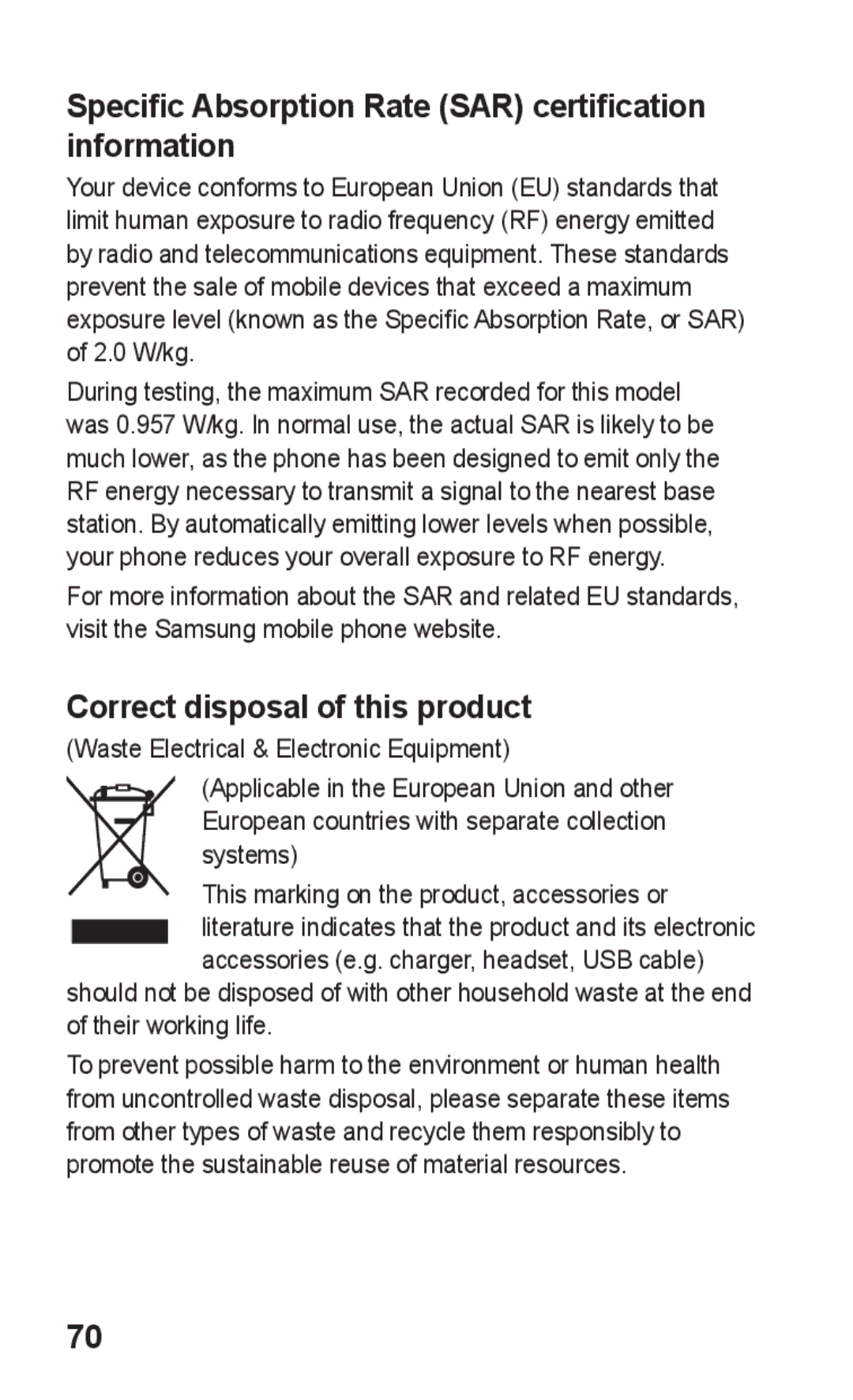 Samsung GT-S5263OKAKSA manual Specific Absorption Rate SAR certification information, Correct disposal of this product 