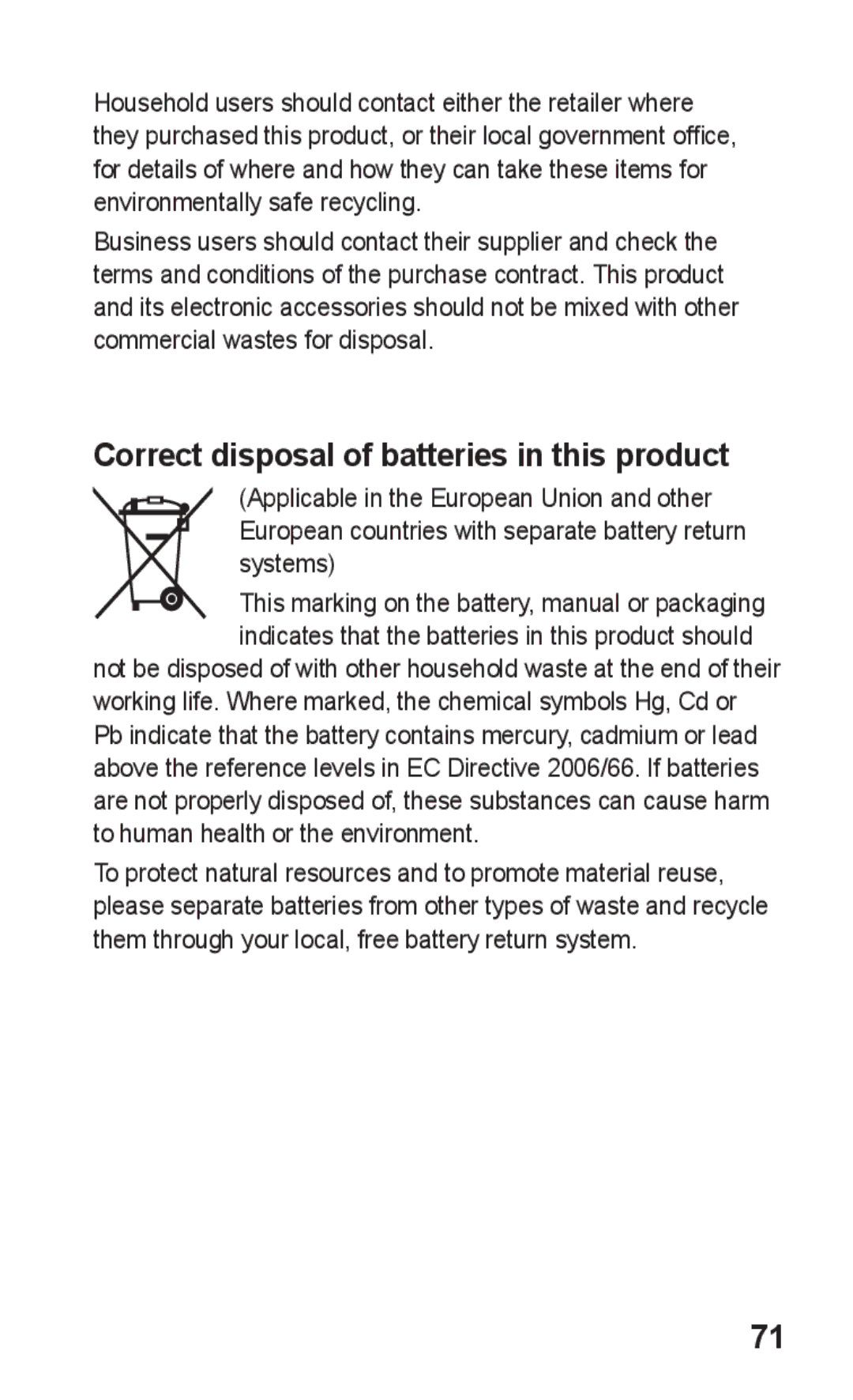 Samsung GT-S5263RWABTC, GT-S5263OKAJED, GT-S5263OKATUN, GT-S5263OKAXSG manual Correct disposal of batteries in this product 