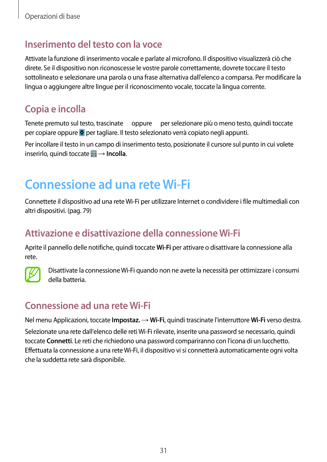 Samsung GT-S5280RWAITV, GT-S5280LKAITV Connessione ad una rete Wi-Fi, Inserimento del testo con la voce, Copia e incolla 