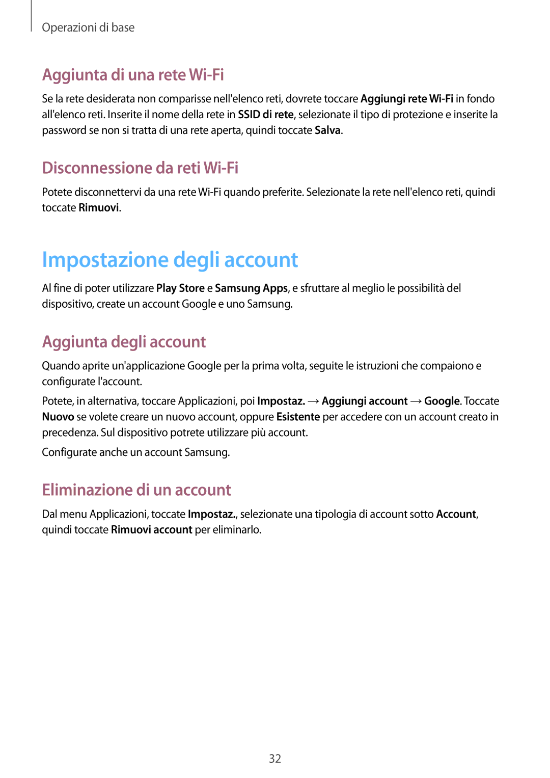 Samsung GT-S5280LKAITV manual Impostazione degli account, Aggiunta di una rete Wi-Fi, Disconnessione da reti Wi-Fi 