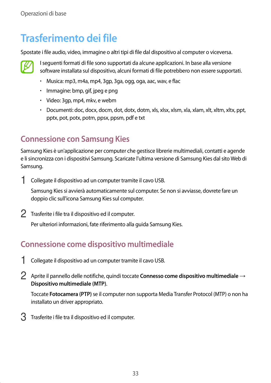 Samsung GT-S5280RWAITV Trasferimento dei file, Connessione con Samsung Kies, Connessione come dispositivo multimediale 