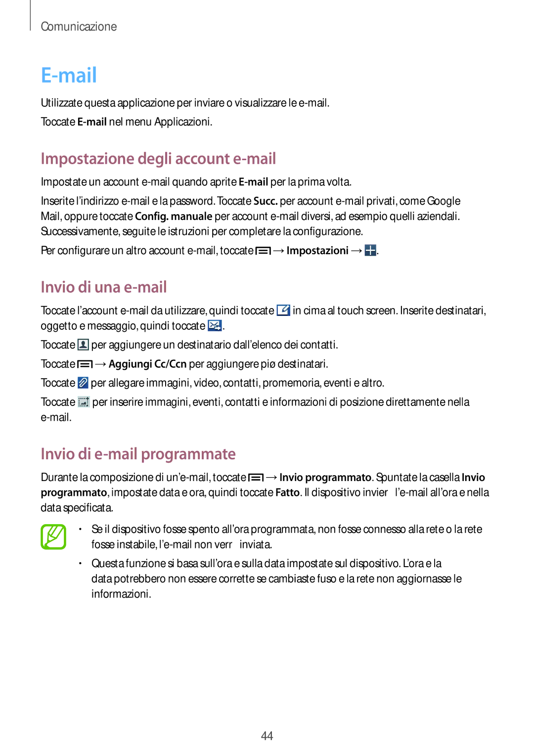 Samsung GT-S5280LKAITV manual Mail, Impostazione degli account e-mail, Invio di una e-mail, Invio di e-mail programmate 