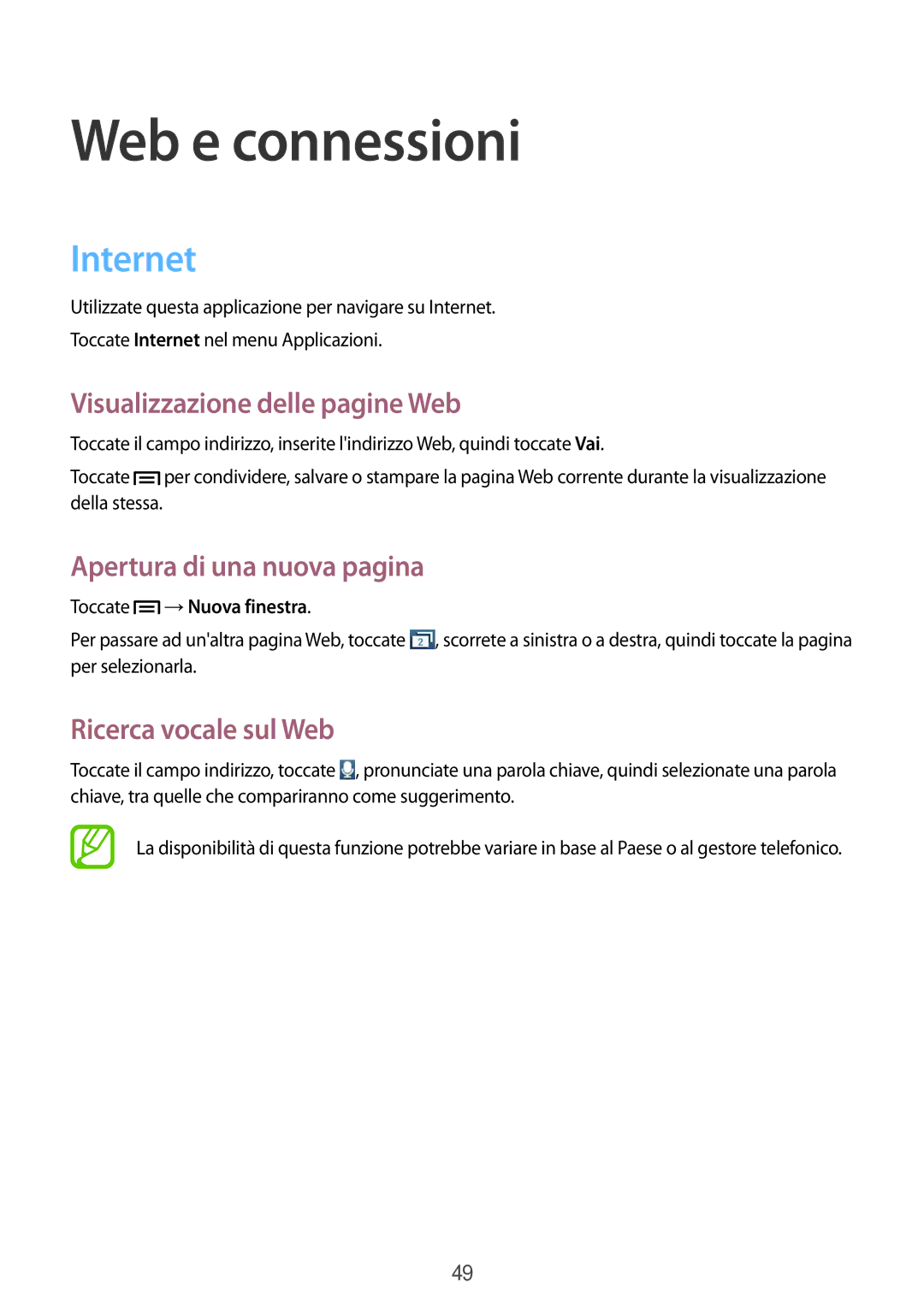 Samsung GT-S5280RWAITV manual Web e connessioni, Internet, Visualizzazione delle pagine Web, Apertura di una nuova pagina 