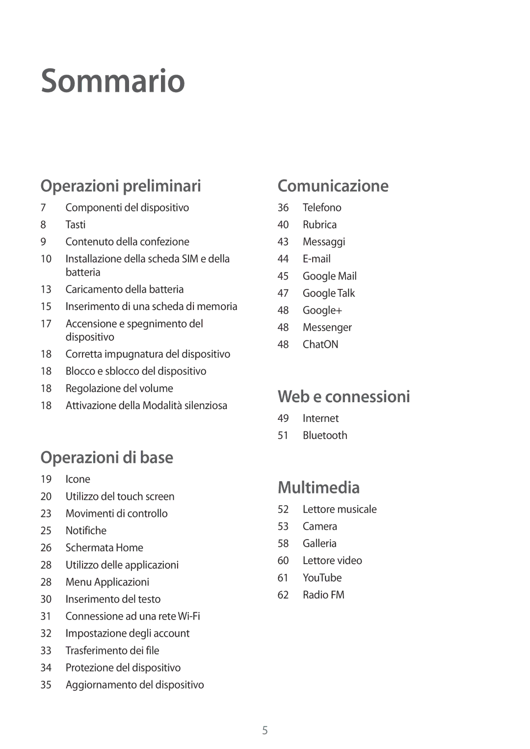 Samsung GT-S5280RWAITV, GT-S5280LKAITV manual Sommario, Operazioni preliminari 